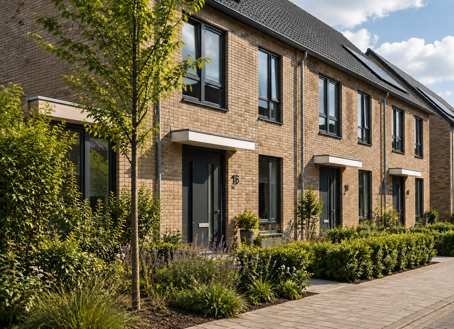 Moderne rijtjeshuizen met groene voortuinen